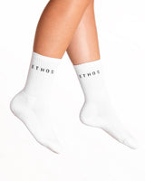 Crew Sock - White - Pilates Plus PB - Front & Top Stacked - Heart Grip - Black