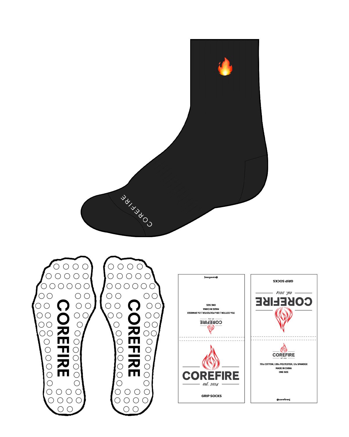 The 3/4 Crew Sock - Black -  Corefire - Top Icon center & Bottom Center - Embroidered - Flame - White