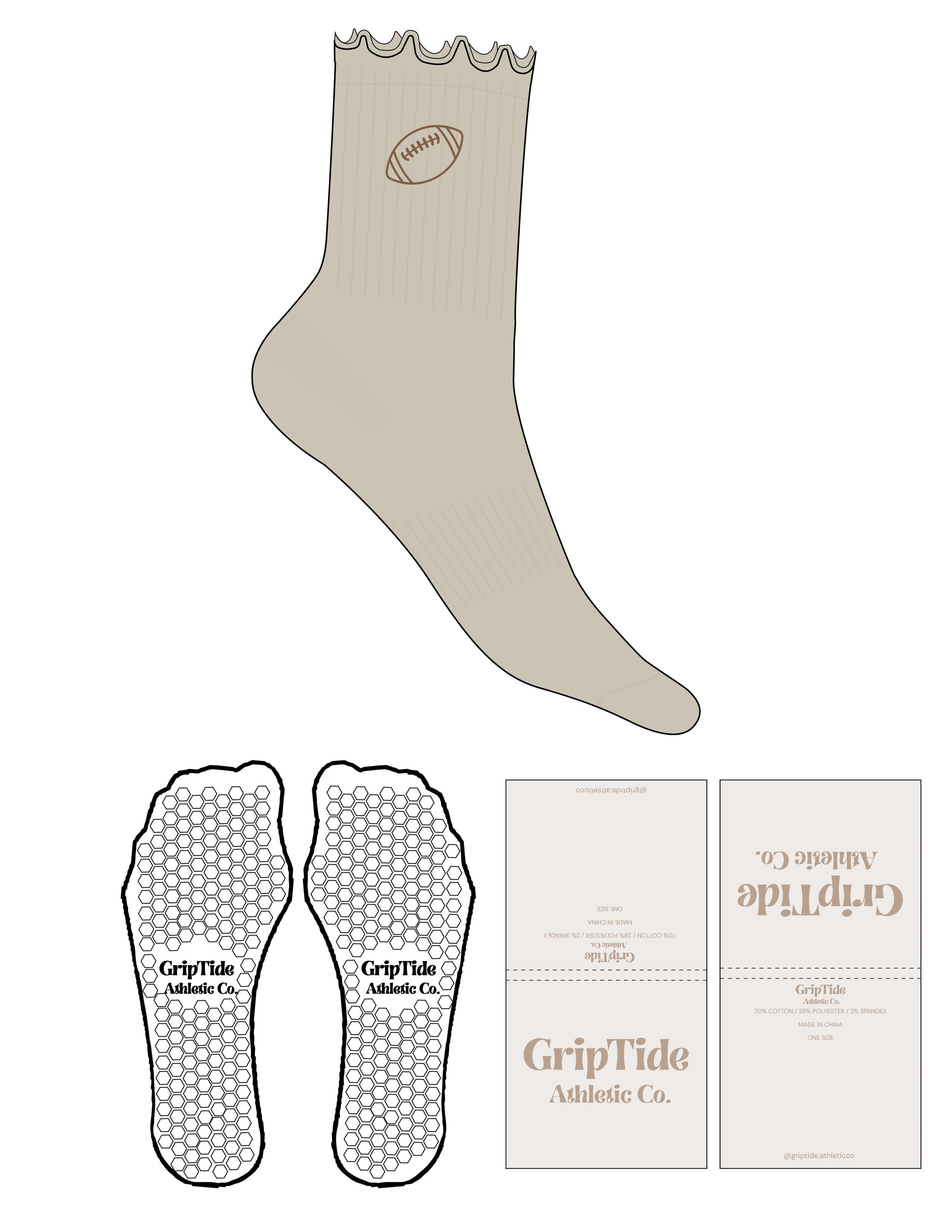 The 3/4 Crew Sock - Oat Milk - GripTide - Top Logo - Embroidered - Brown - Hexagon Grip - Brown