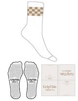 The Crew Sock - White - GripTide - Seedpearl & Chai Checkered Wrap Logo - Chai Toe Stripe - Hexagon Grip - Chai