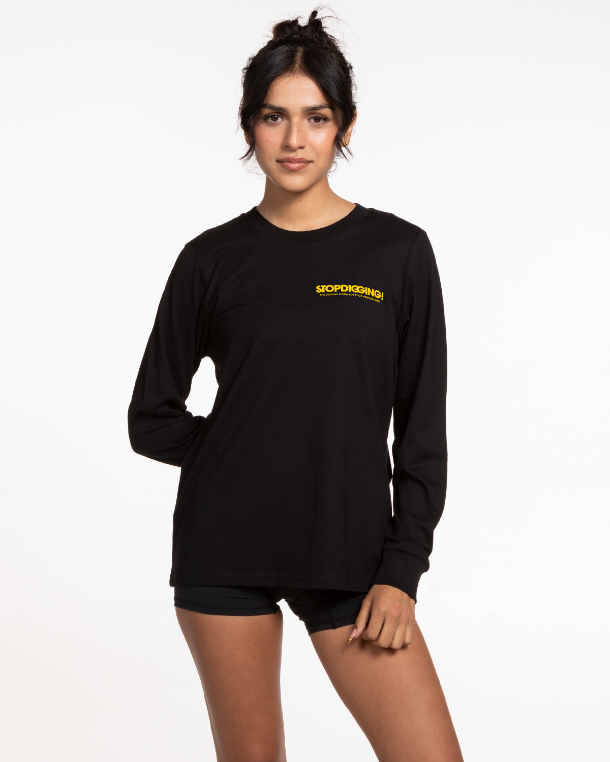 The Womens Long Sleeve - Black - Groundbreakers - Left Chest Stacked - Yellow