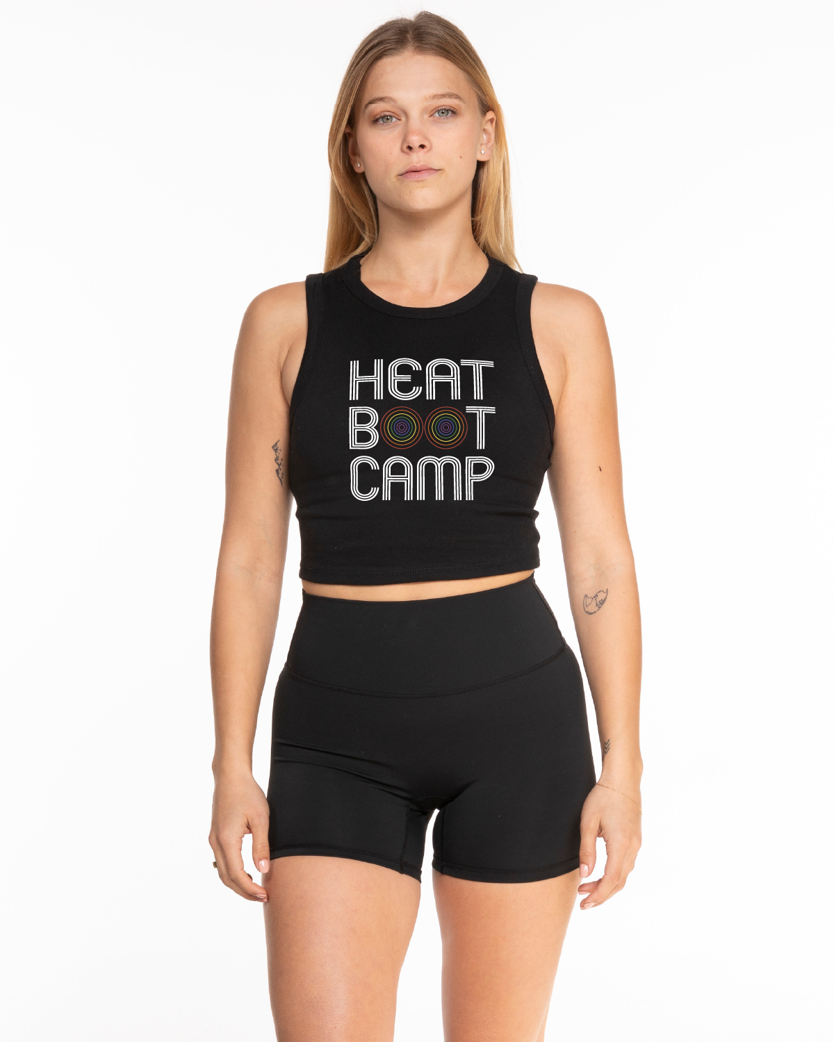 The Micro Rib Basic Crop Tank - Black - Heat Bootcamp - Center Chest Stacked - Full Color Printed