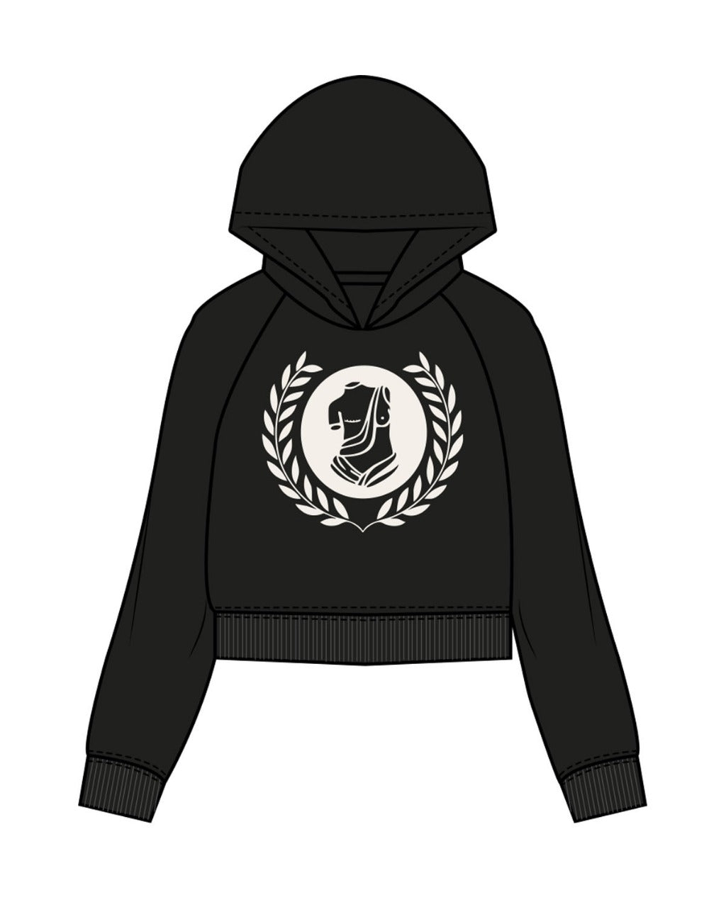 The Womens Crop Hoodie - Black - Institute 4 Sex & Occupational - Full Front Center & Bottom Left Corner - Cream (F4F1E9)