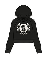 The Womens Crop Hoodie - Black - Institute 4 Sex & Occupational - Full Front Center & Bottom Left Corner - Cream (F4F1E9)