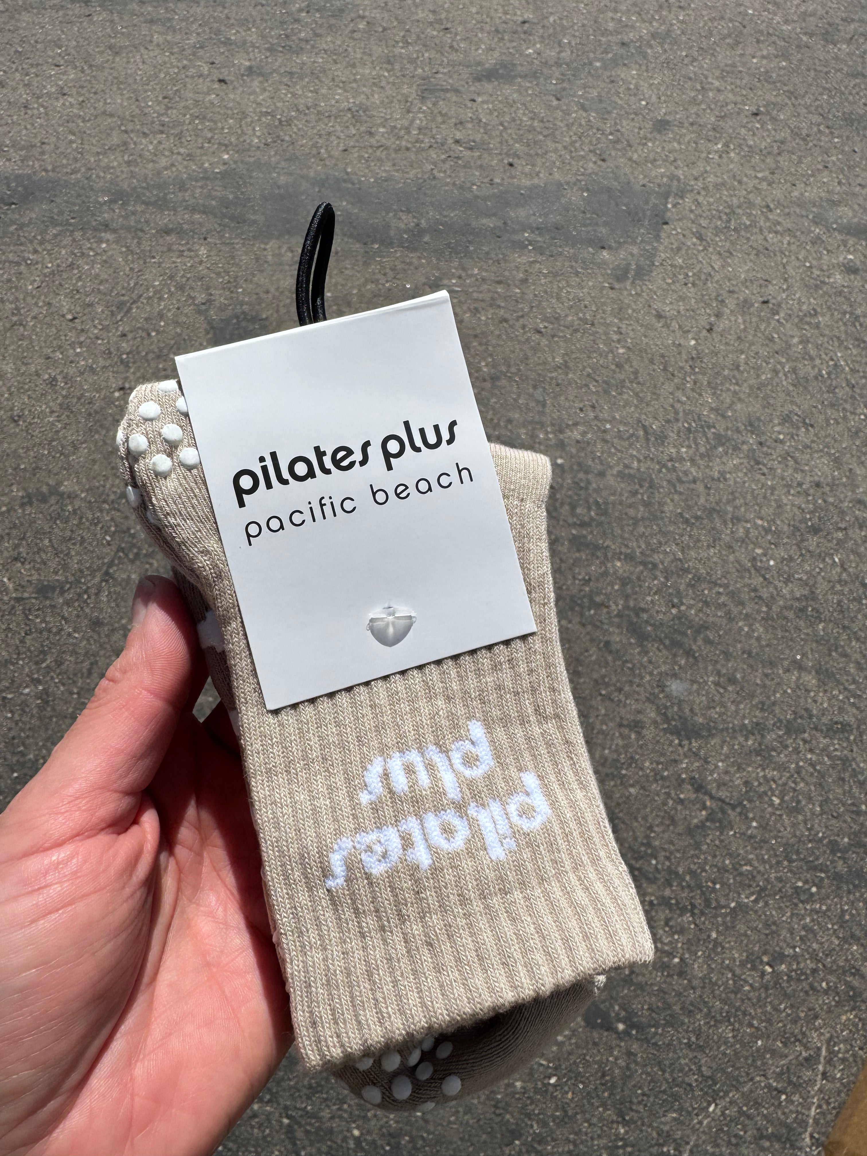 The 3/4 Crew Sock - Off White - Pilates Plus PB - Front & Top Stacked - Circle Grip - White