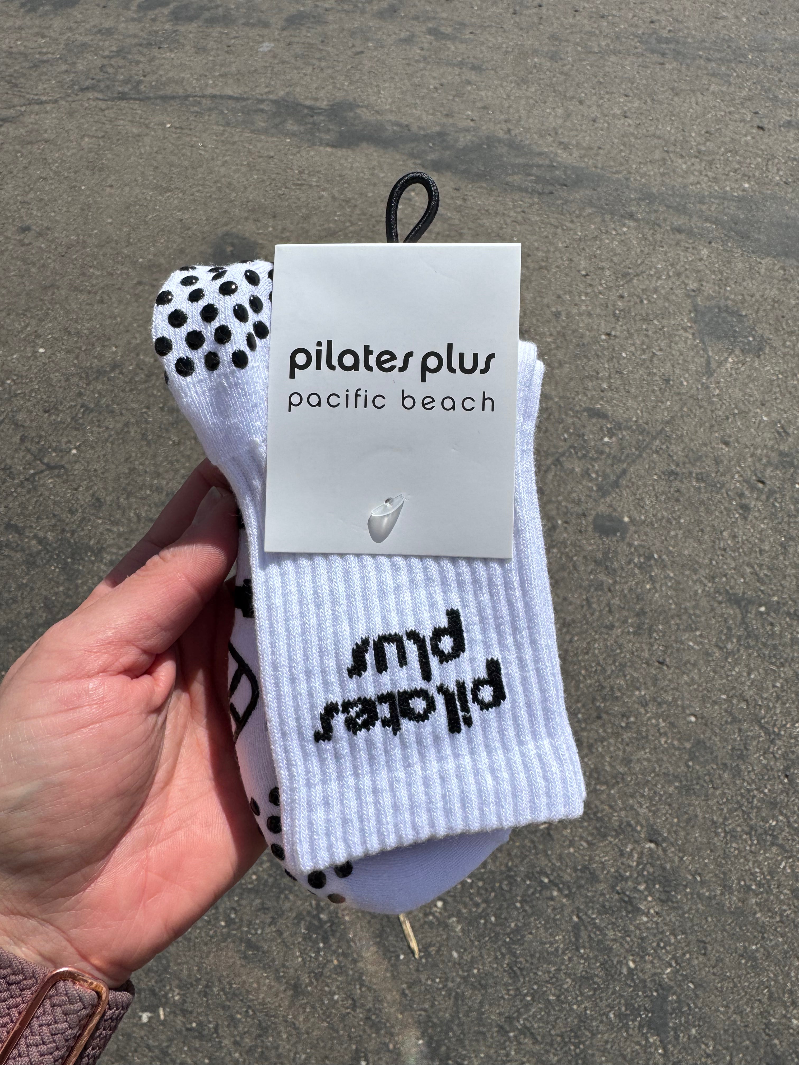The 3/4 Crew Sock - White - Pilates Plus PB - Front & Top Stacked - Circle Grip - Black