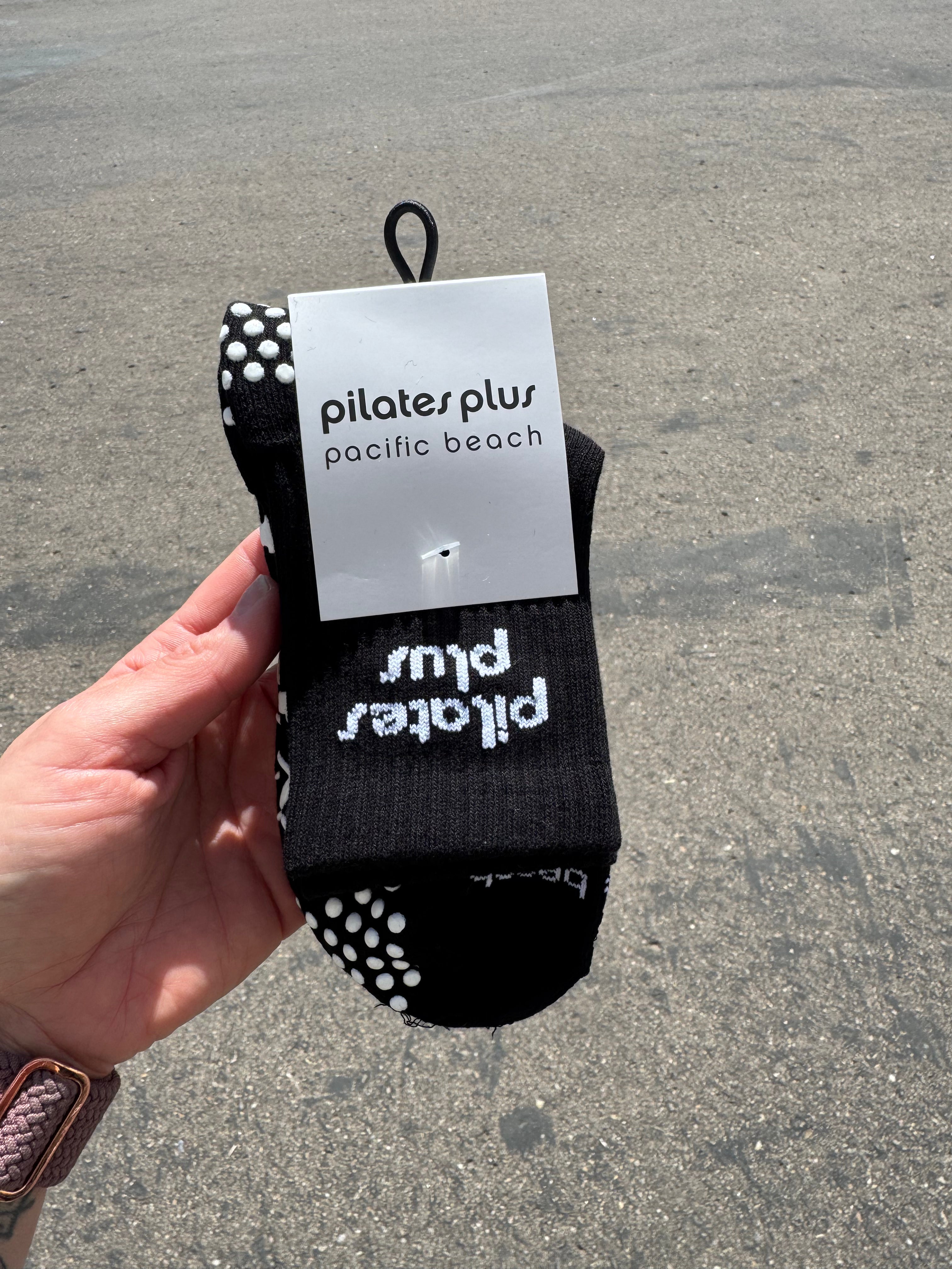 The 3/4 Crew Sock - Black - Pilates Plus PB - Front & Top Stacked - Circle Grip - White