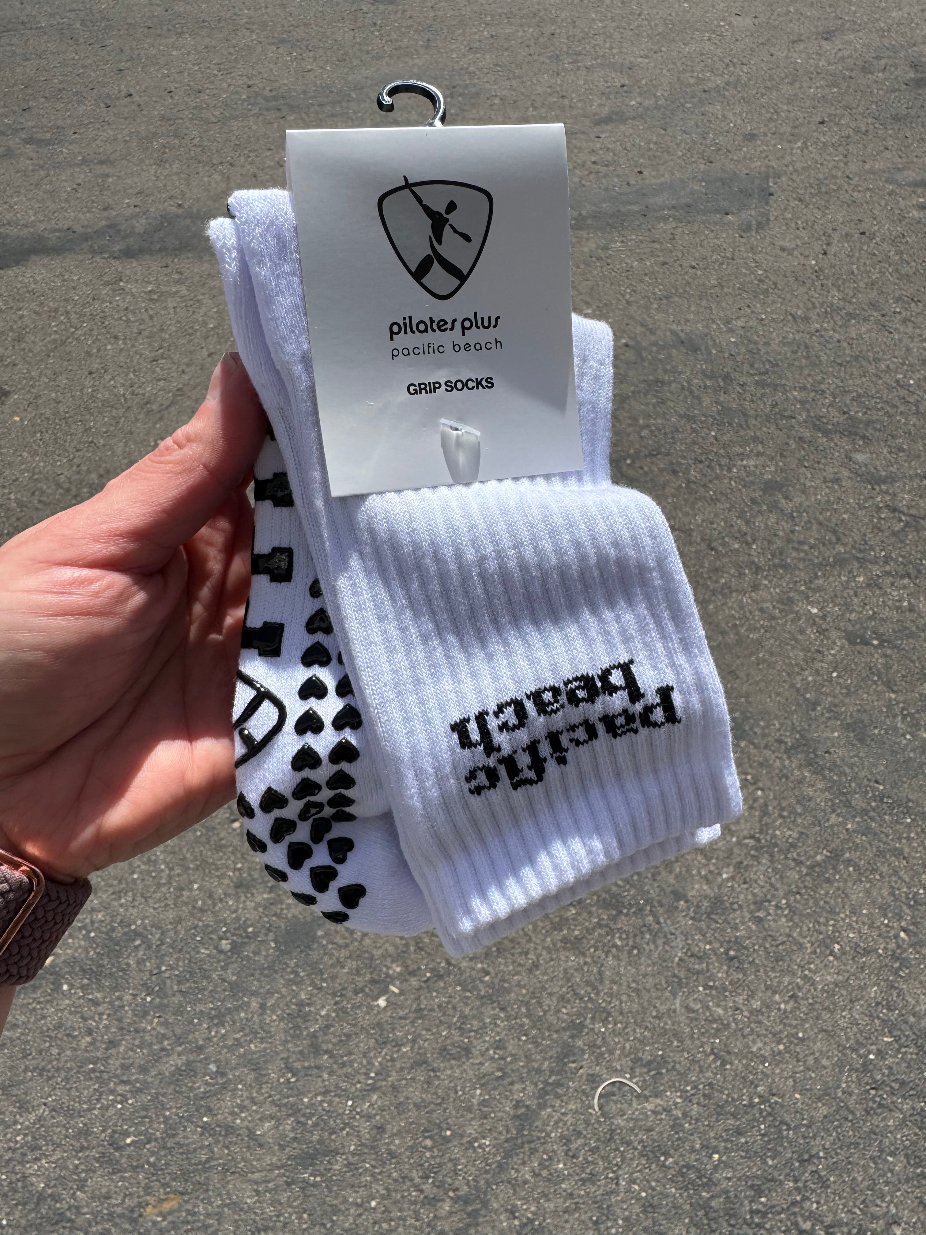 The Crew Grip Sock - Pilates Plus PB - White / Black - Cursive Text - Heart Grip