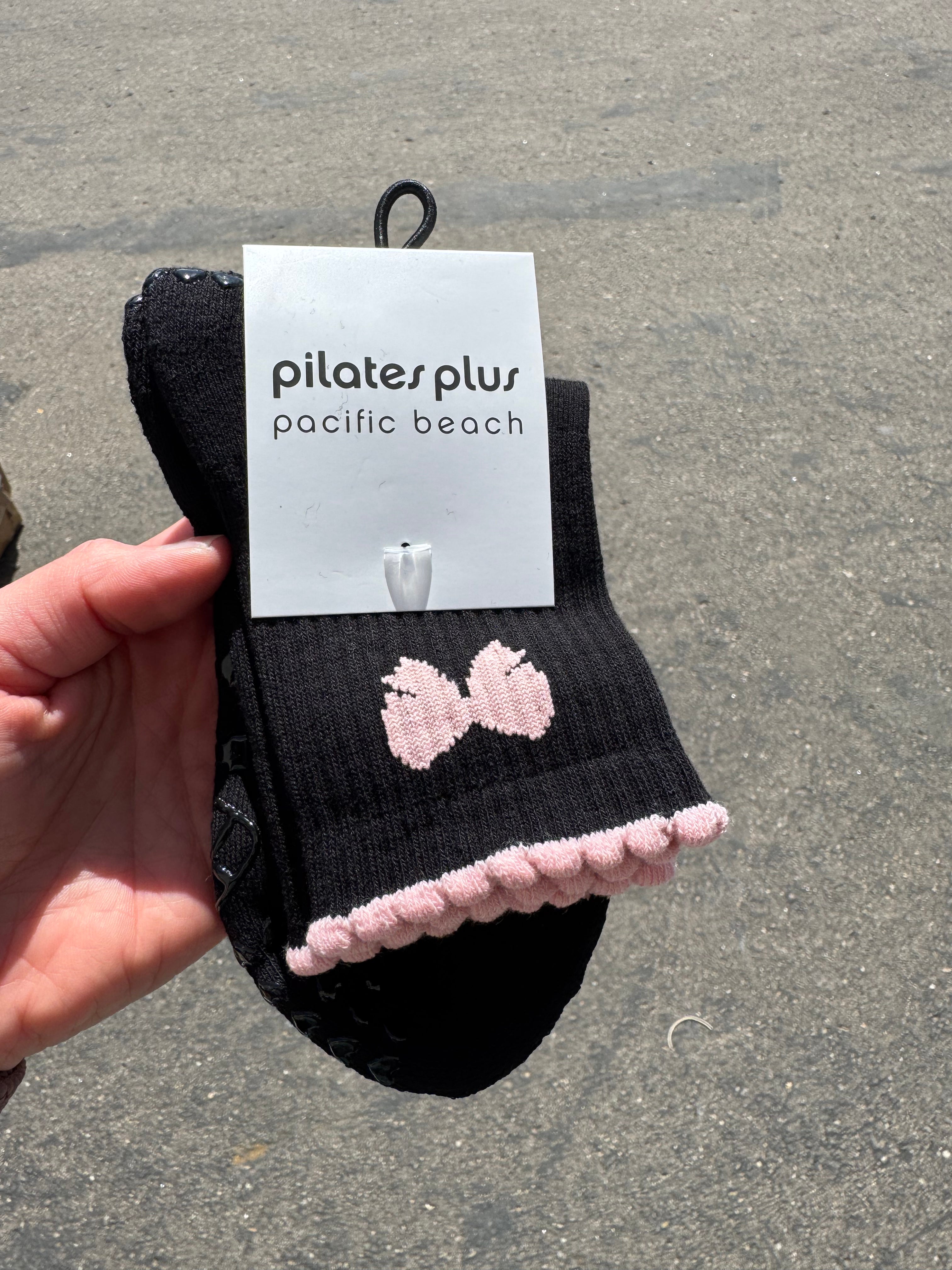 The 3/4 Crew Sock - Black - Pilates Plus PB - Front & Top "RIBBON" - Heart Grip - Pink