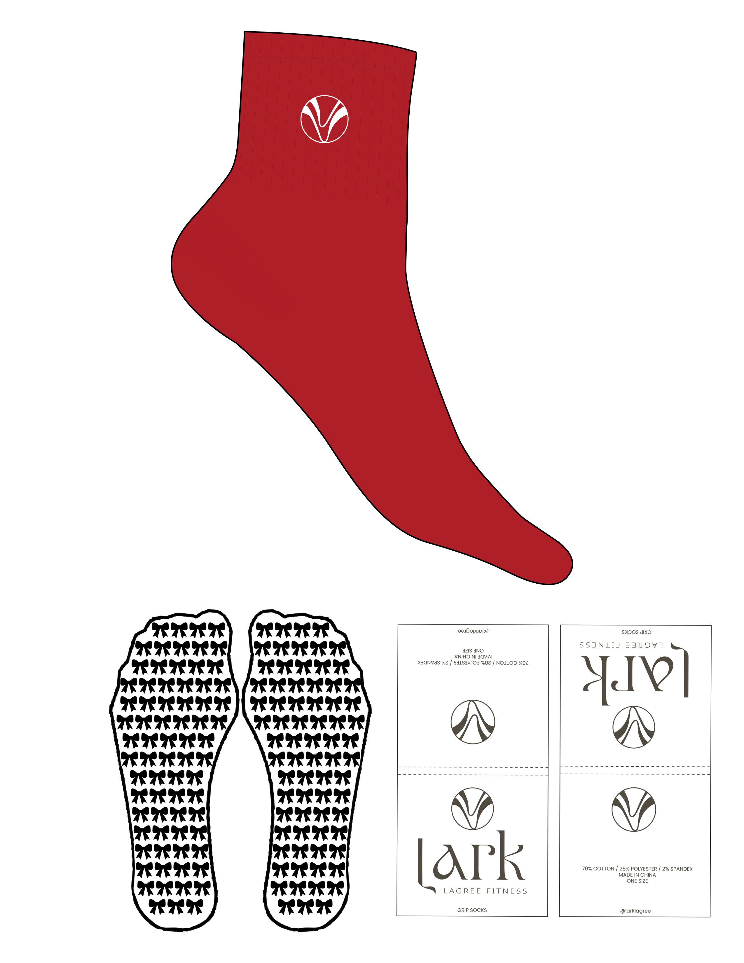 The 1/2 Crew Sock - Red -  Pure Movement LARK - Top Logo Embroidered - White - Custom Grip - White