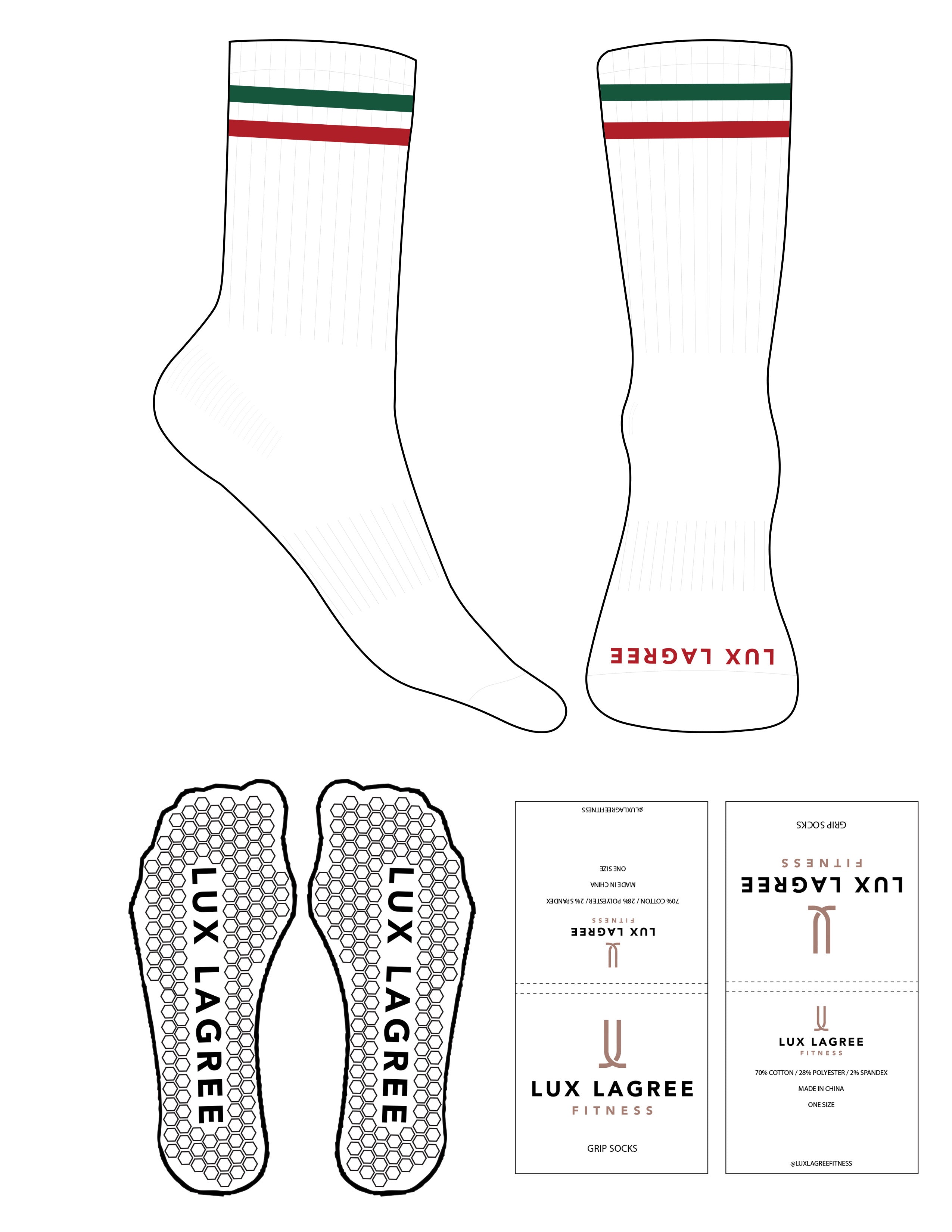 The Crew Sock - White - Lux Lagree - Jungle & Red 2 Stripes - Toe Logo - Red - Hexagon Grip - Jungle