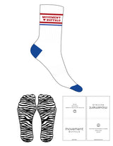 The Crew Sock - White - Movement Pilates Buffalo - Royal Azure & Red Stripes - Red Logo - Royal Azure Heel & Toe - Zebra Strips Grip - Red