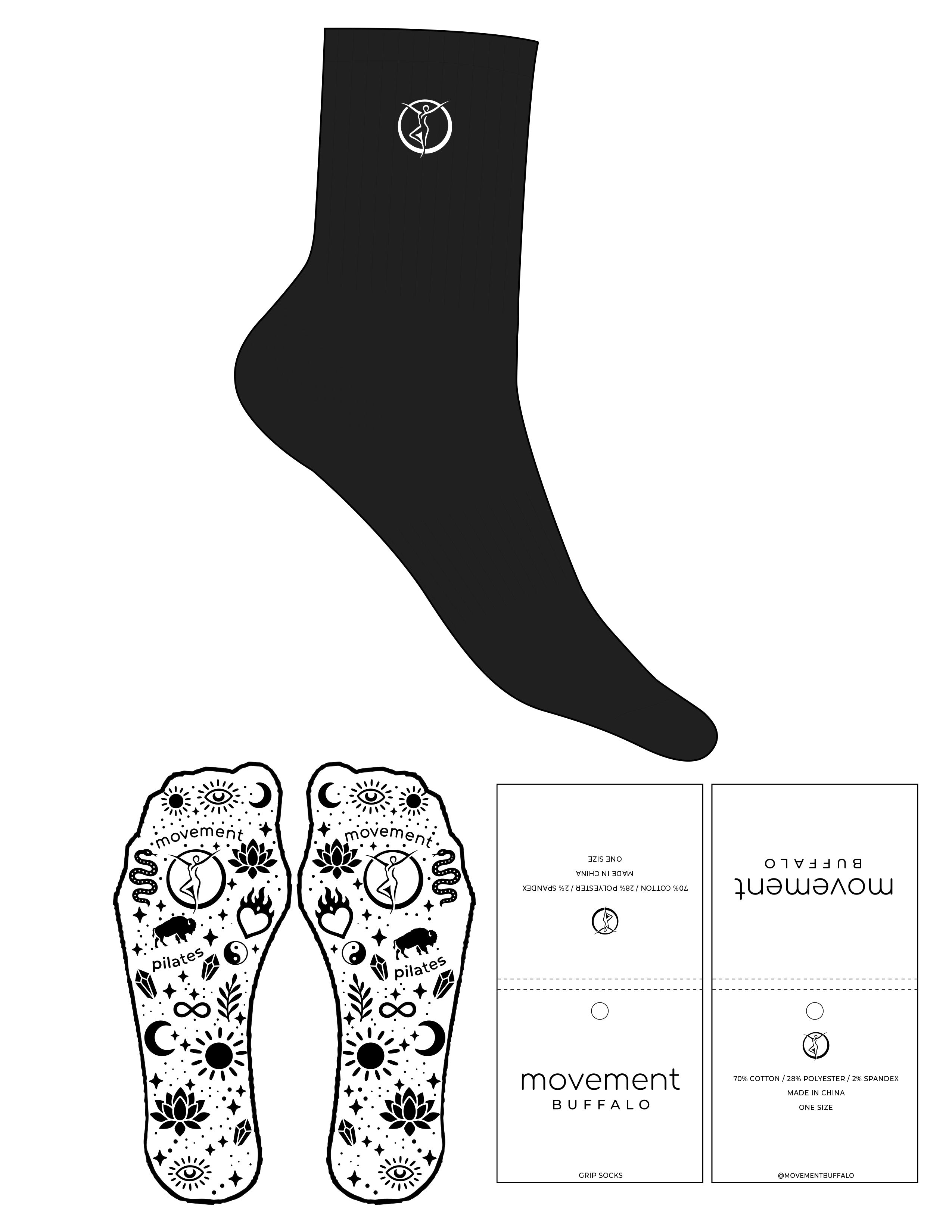 The 3/4 Crew Sock - Black - Movement Pilates Buffalo - Top Logo - EMB - White - Custom Grip - White