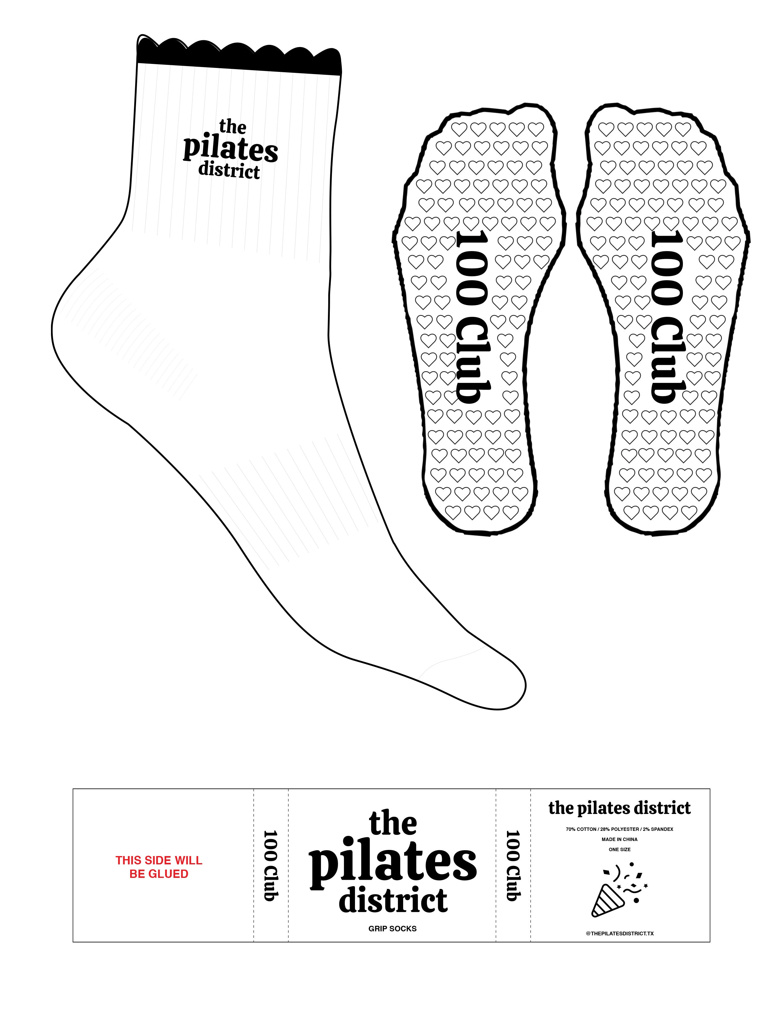 The 1/2 Crew Sock - White - THE PILATES DISTRICT - Black Scalloped - Top Logo - Embroidered - Black - Heart Grip - Black