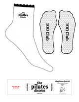 The 1/2 Crew Sock - White - THE PILATES DISTRICT - Black Scalloped - Top Logo - Embroidered - Black - Heart Grip - Black