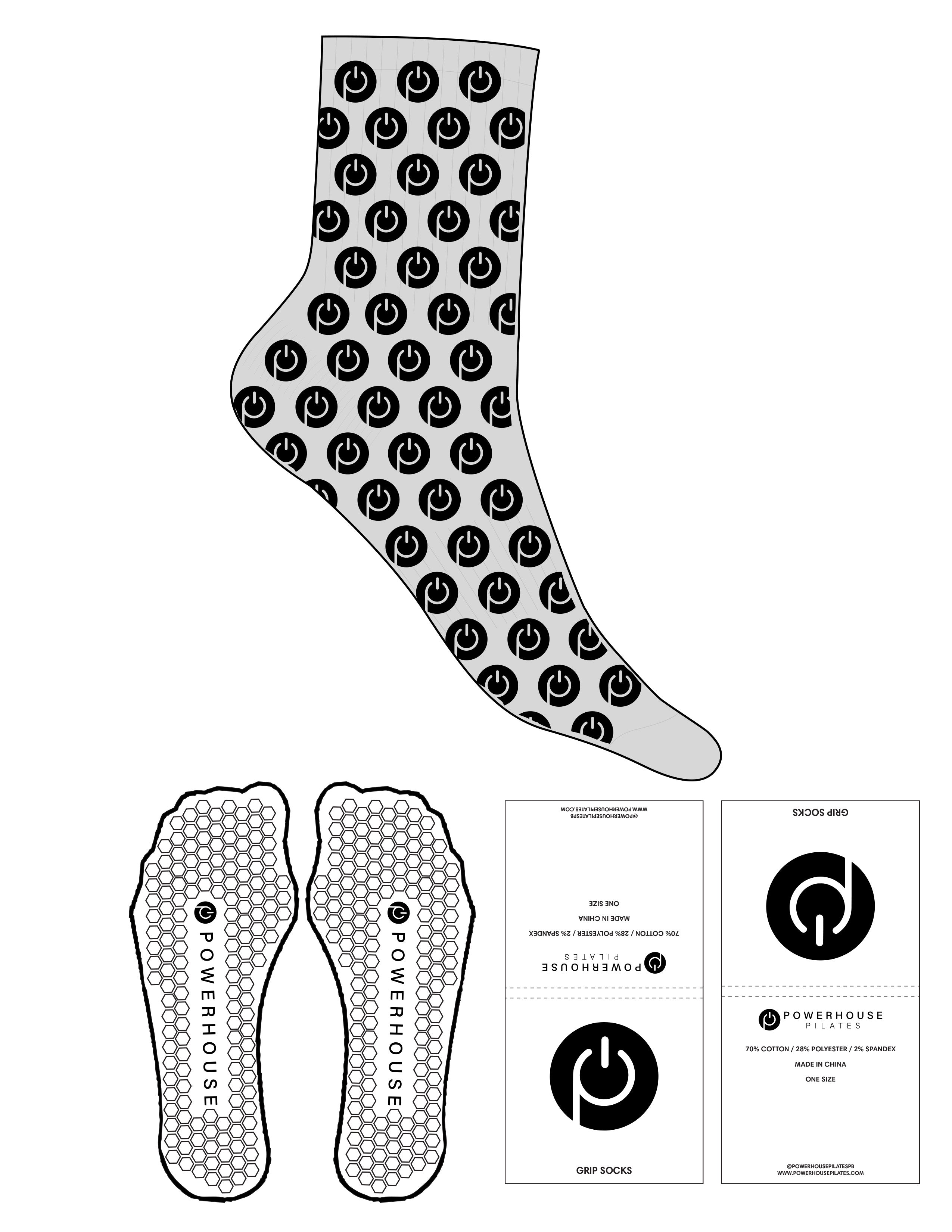 The 3/4 Crew Sock - Heather - Powerhouse Pilates - Full Pattern - Black - Hexagonal Shape Grip - Transparent
