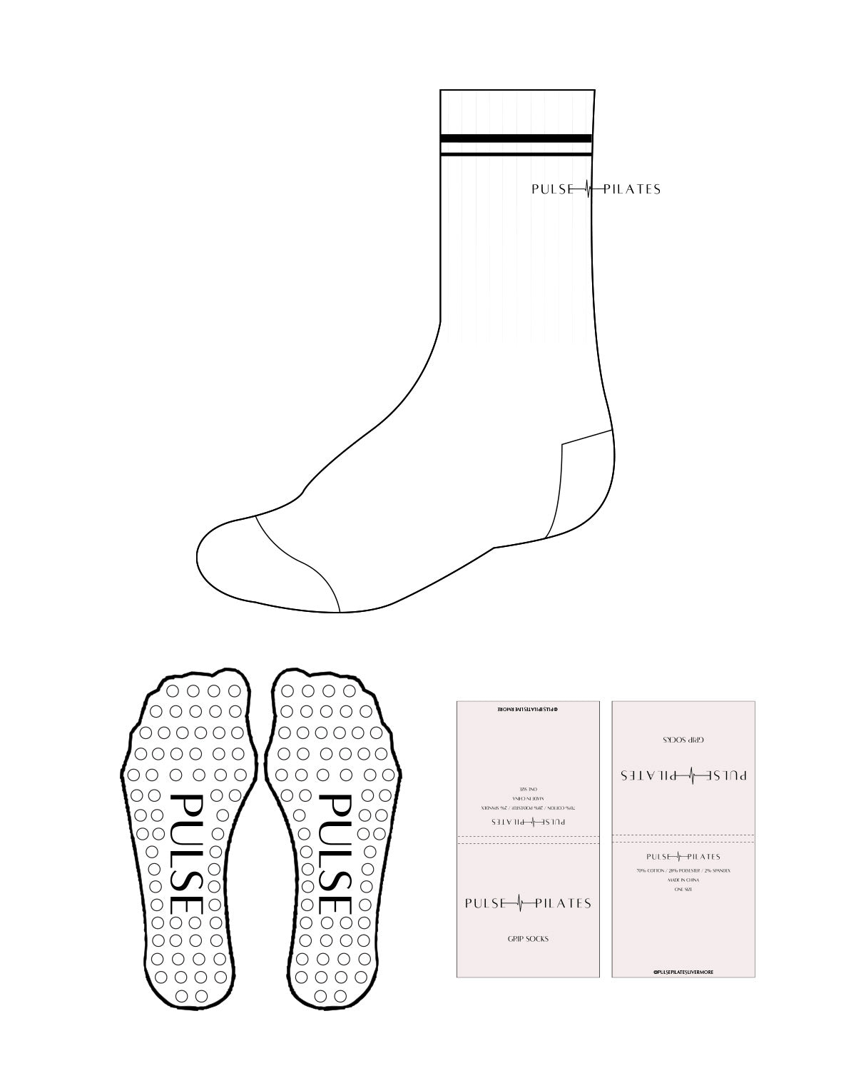 The Crew Sock - Pulse Pilates - 2 Lines - Center Text & Icon - Black - Grip - Black