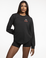The Womens Heavyweight Long Sleeve - Washed Black - Real Good Pilates -Left Chest - Back Center - Printed - Full Color