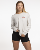 The Womens Heavyweight Long Sleeve - Washed Bone - Real Good Pilates - Left Chest - Back Center - Printed - Full Color