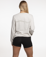 The Womens Heavyweight Long Sleeve - Washed Bone - Real Good Pilates - Left Chest - Back Center - Printed - Full Color