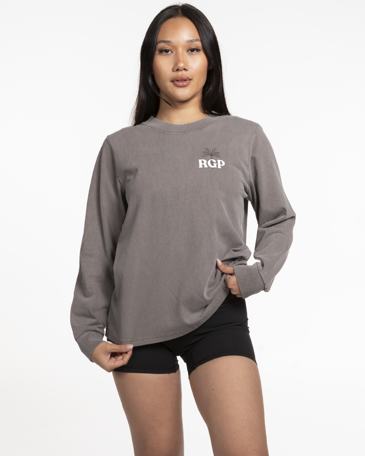 The Womens Heavyweight Long Sleeve - Washed Gray - Real Good Pilates - Left Chest - Back Center - Printed - Full Color