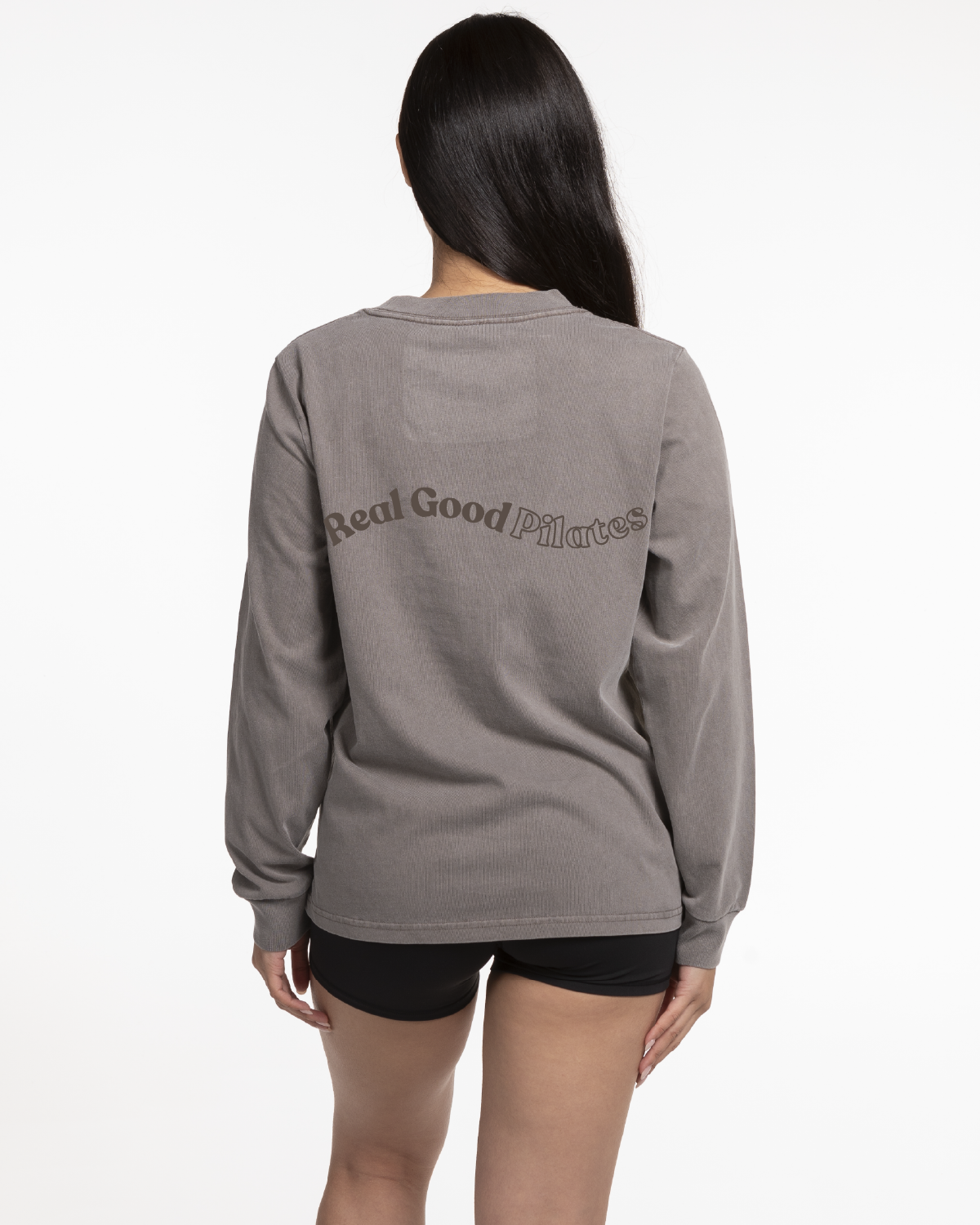The Womens Heavyweight Long Sleeve - Washed Gray - Real Good Pilates - Left Chest - Back Center - Printed - Full Color
