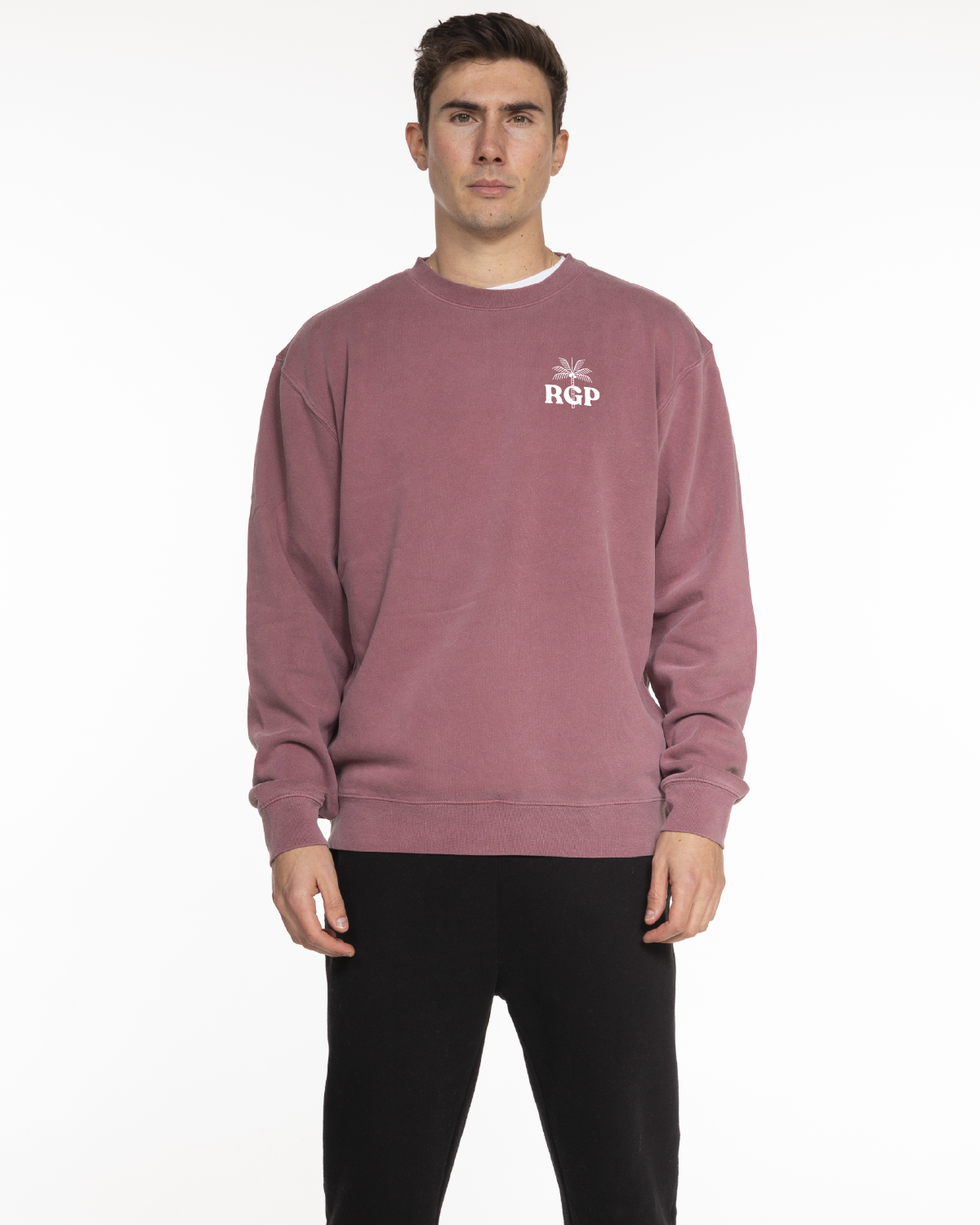 The Midweight Unisex Crewneck - Washed Maroon - Real Good Pilates - Left Chest - Back Wavy Stacked - Printed - White