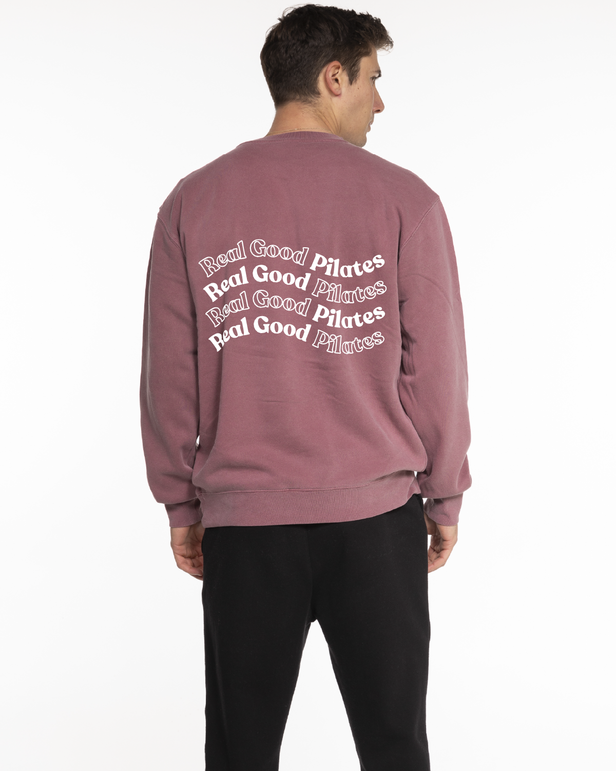 The Midweight Unisex Crewneck - Washed Maroon - Real Good Pilates - Left Chest - Back Wavy Stacked - Printed - White