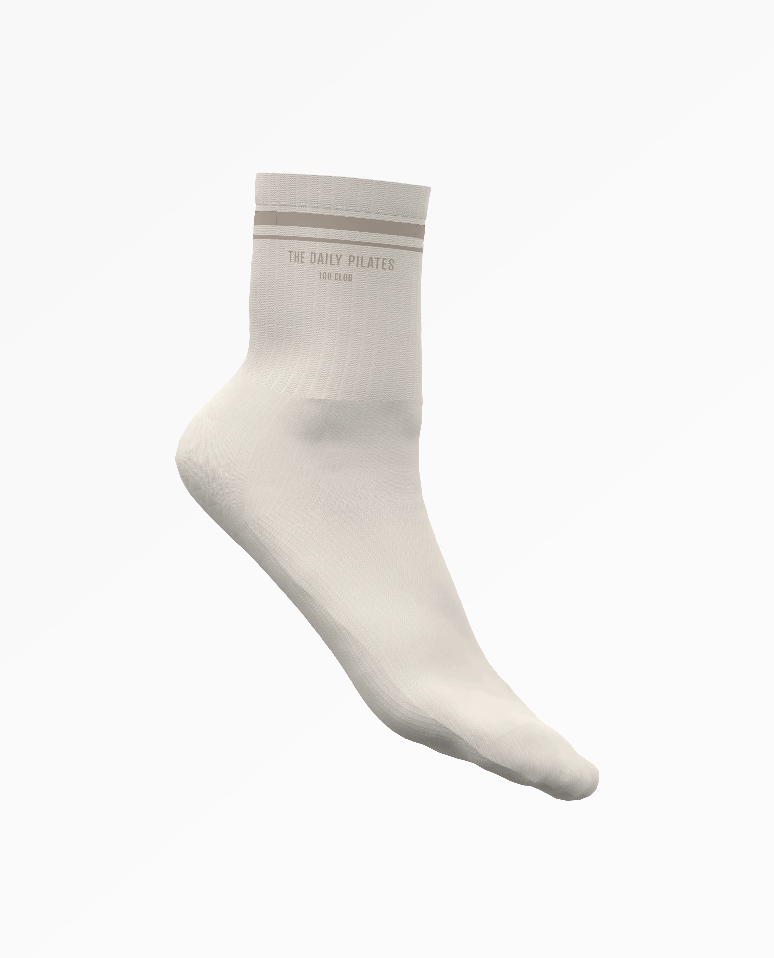 The 3/4 Crew Sock - Off White - DP Milestone - 2 Strips Taupe - Top Logo "100" Club - Embroidered - Tan - Triangle Grip - Transparent