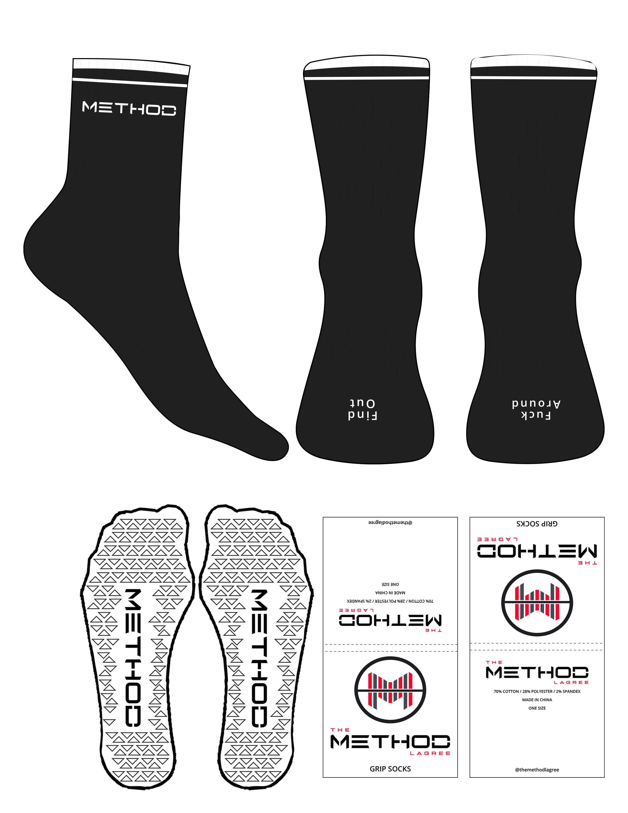 The 3/4 Crew Sock - Black - TML - White Stripes - Top & Toe Logo - Printed - White - Triangle Grip - Black