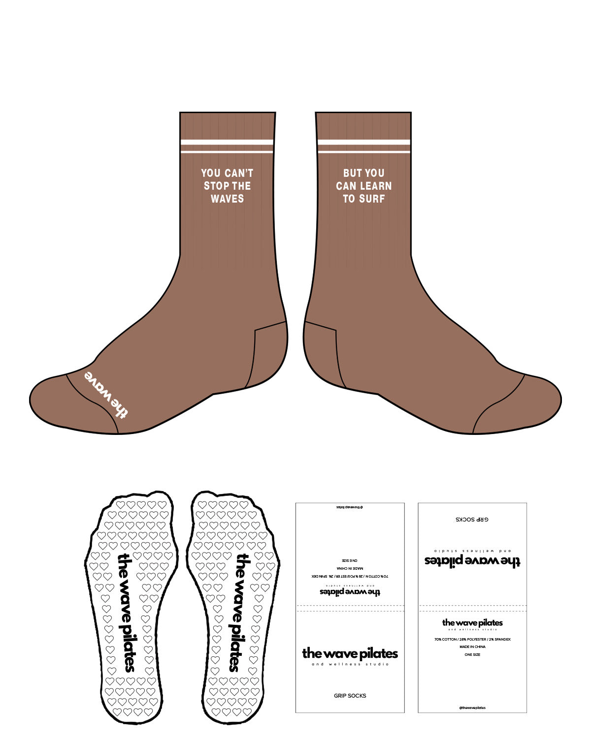 The Crew Grip Sock - Light Brown - The Wave Pilates - 2 Lines - Center Stacked & Bottom Text - White - Heart Shape - Transparent Grip