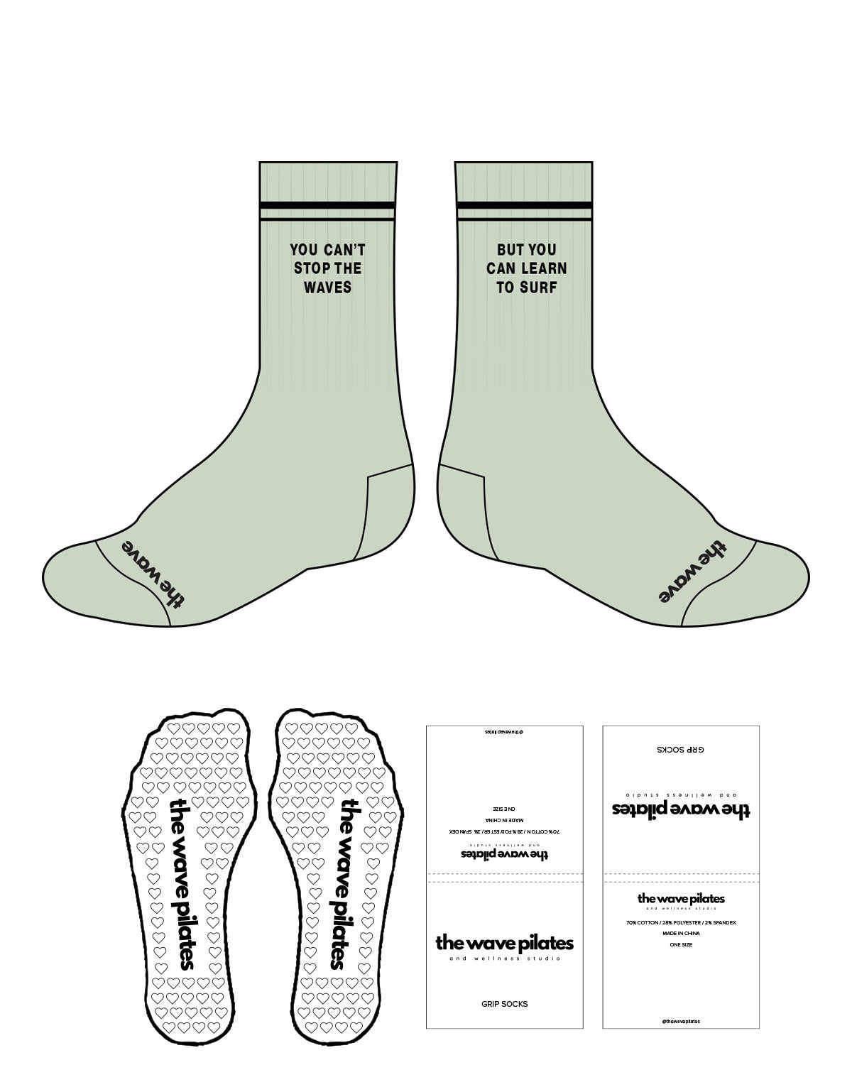 The Crew Grip Sock - Light Green - The Wave Pilates - 2 Lines - Center Stacked & Bottom Text - Black - Heart Shape - Black Grip