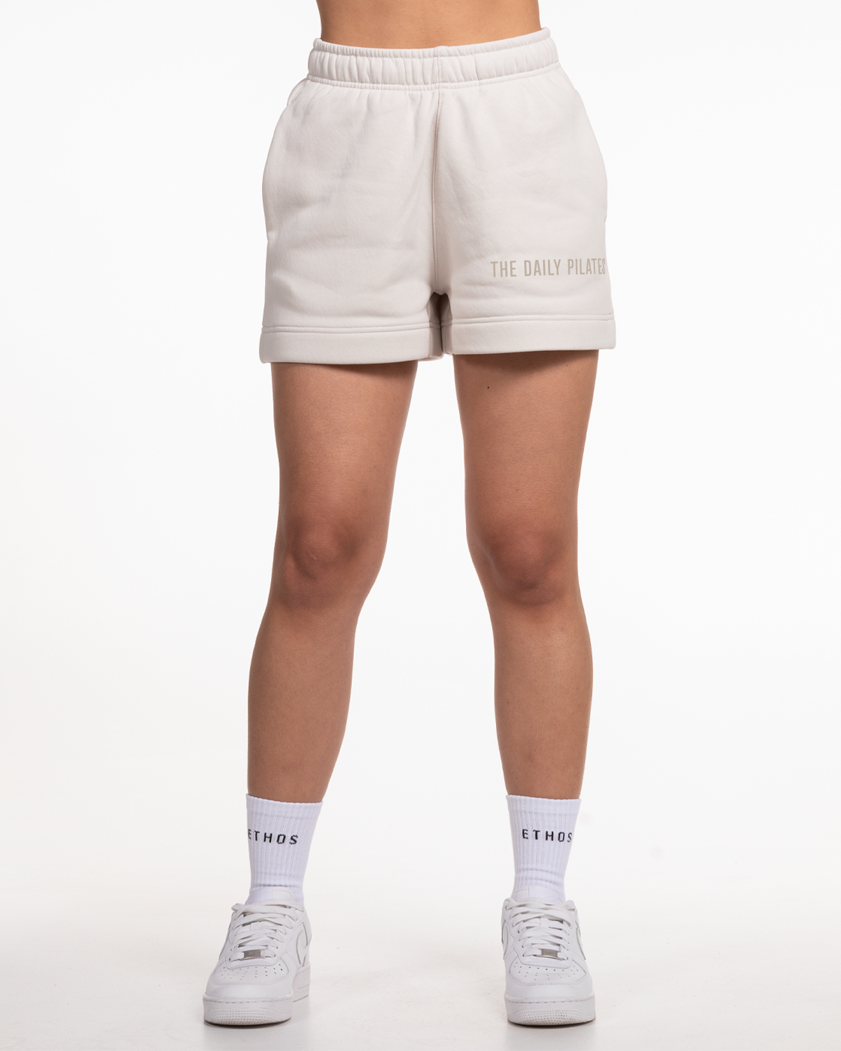 The Womens Sweat Shorts - Bone - TheDailyPilates - Left Leg - Embroidered - Tone on Tone