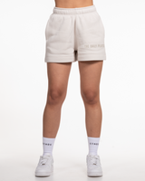 The Womens Sweat Shorts - Bone - TheDailyPilates - Left Leg - Embroidered - Tone on Tone