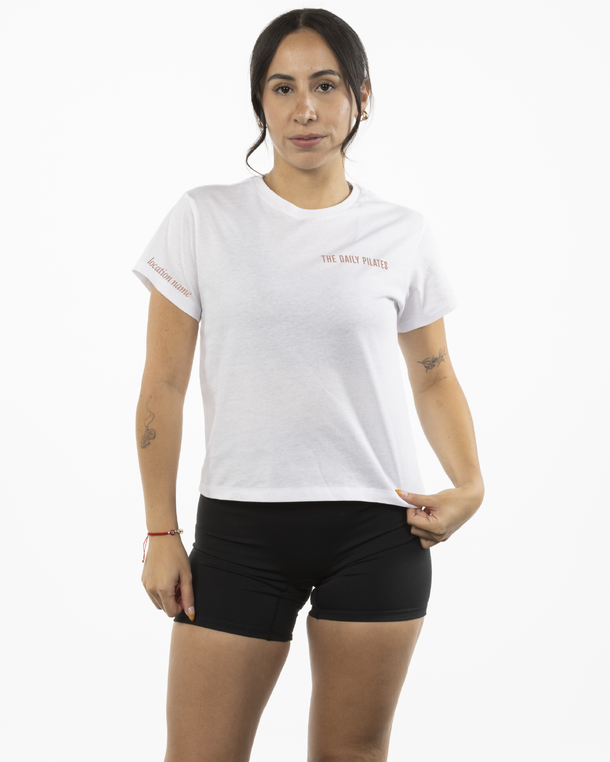 The Womens 7/8th Tee - White - TheDailyPilates - Left Chest & Right Sleeve - Printed - Clay