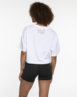 The Oversized Crop Tee - White - TheDailyPilates - Center Chest Stacked & Back Stacked - Printed - Bone