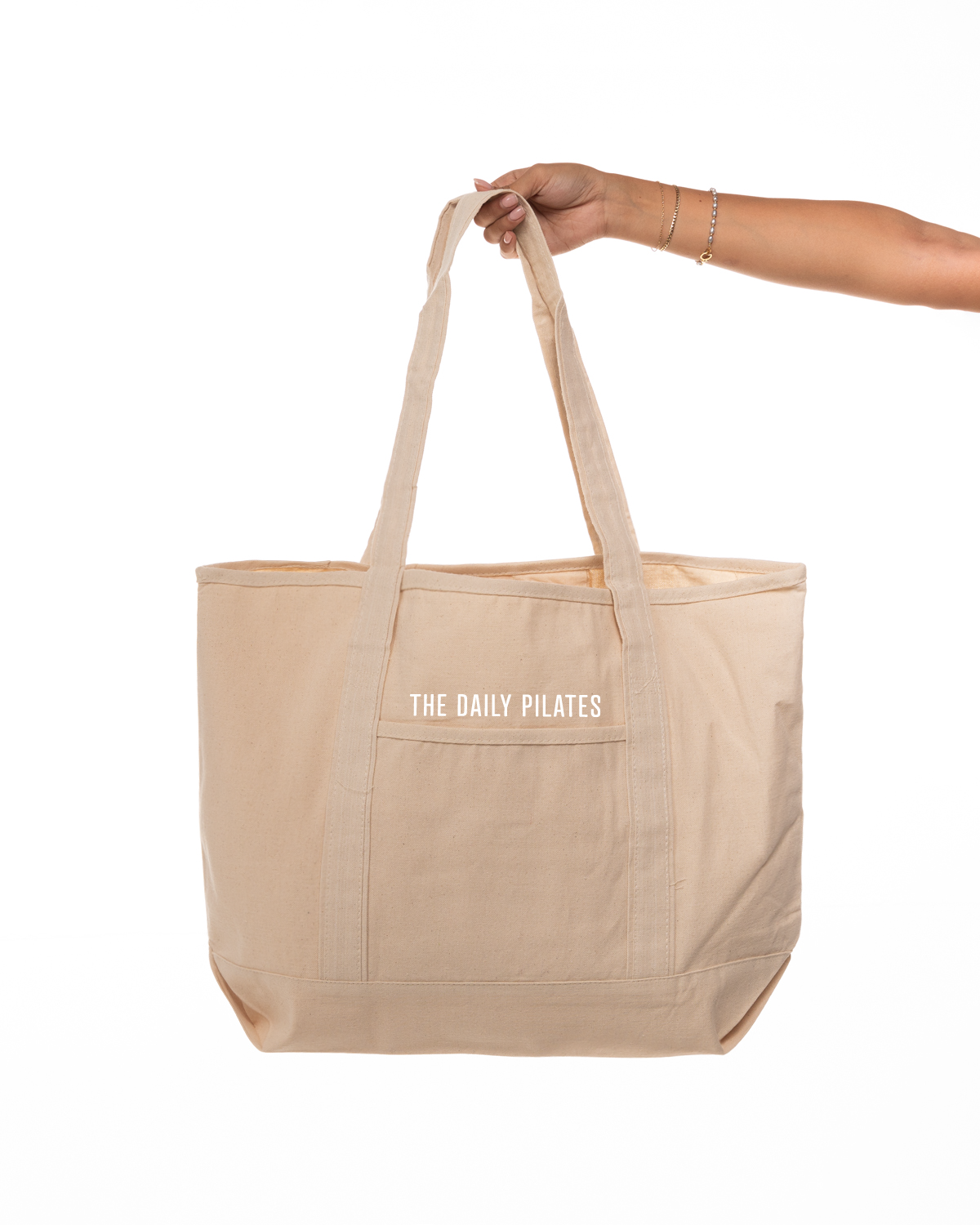 The Contrast Tote Bag - Natural - The Daily Pilates - Upper Body - Embroidered - White