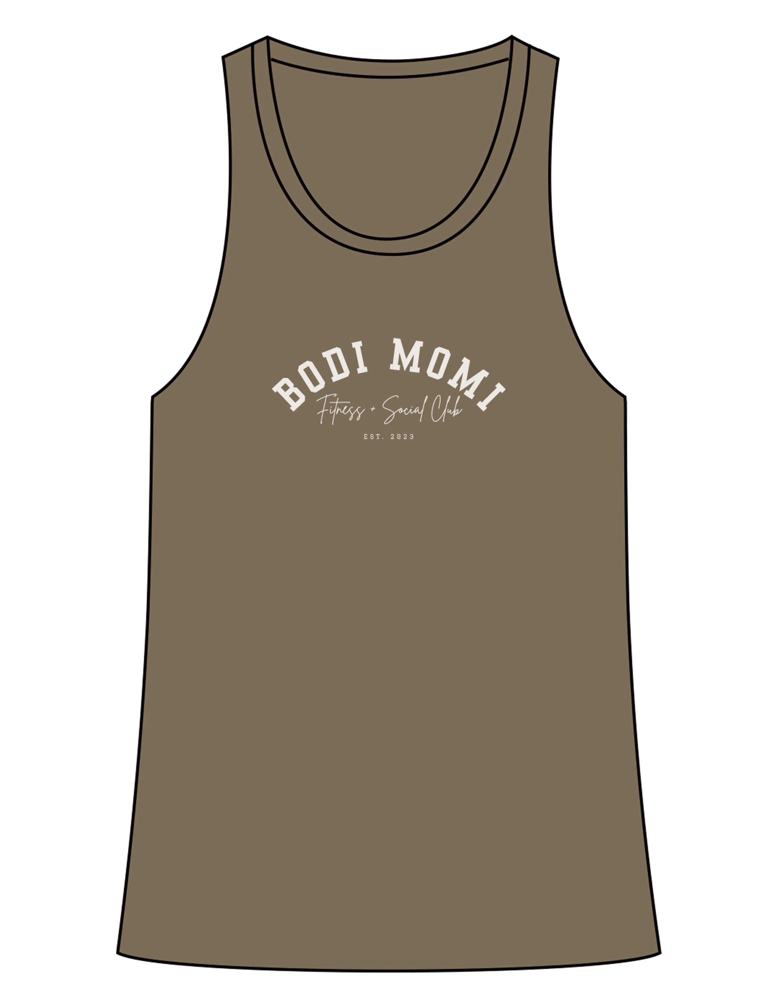 The Womens Full Length Tank - Olive - BODI MOMI - Center Chest Stacked - Printed - Bone