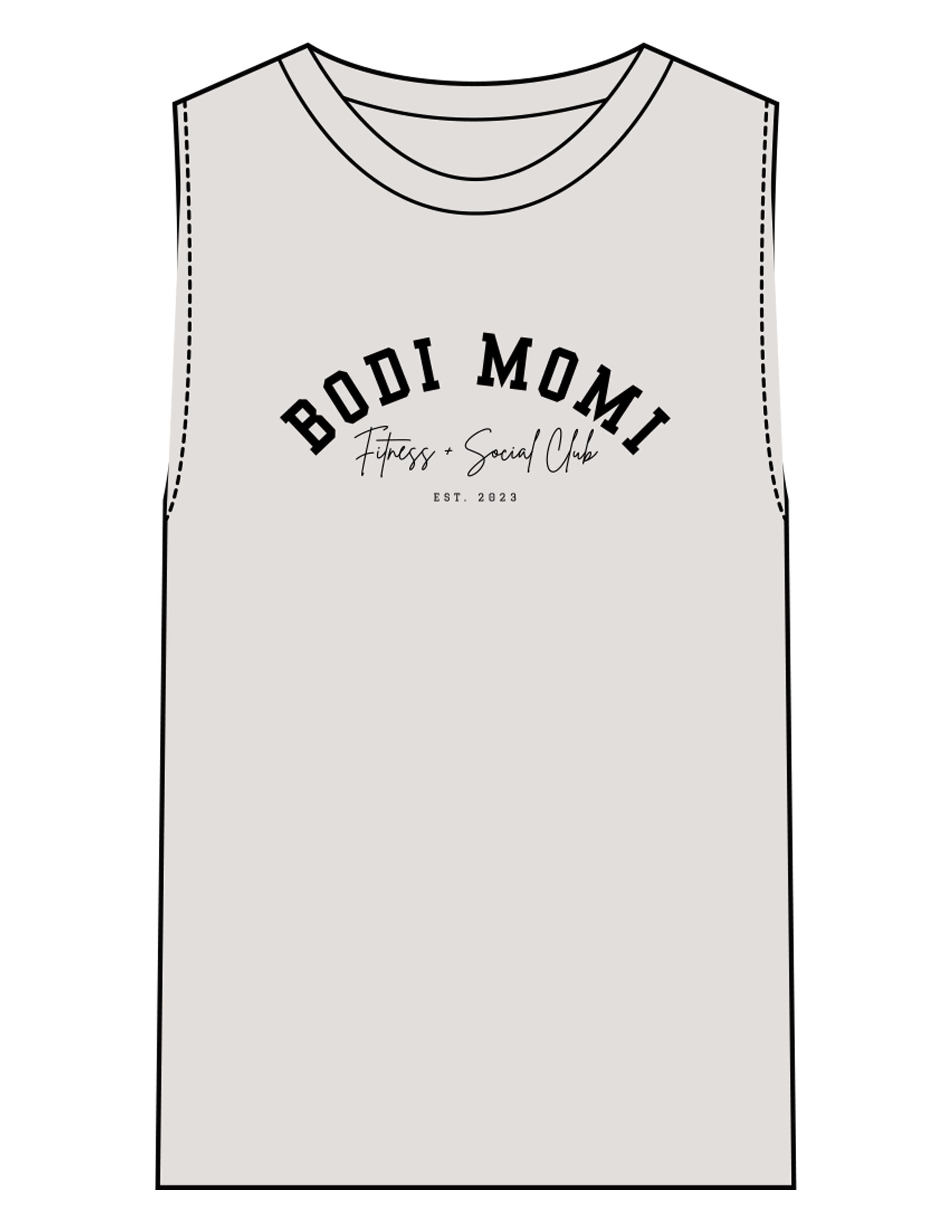 The Womens Heavyweight Tank - Washed Bone - BODI MOMI - Center Chest Stacked - Printed - Black