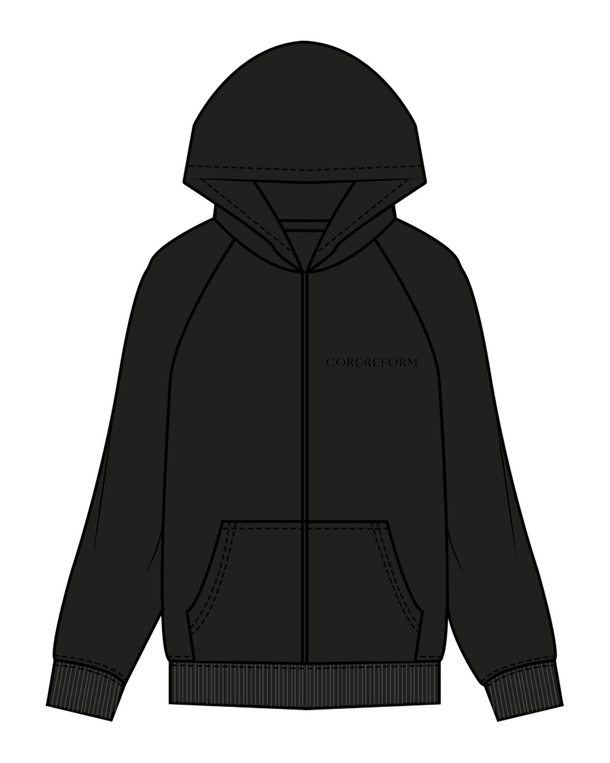 The Womens Zip Hoodie - Black - Core Reform - Left Chest Text - Printed - White