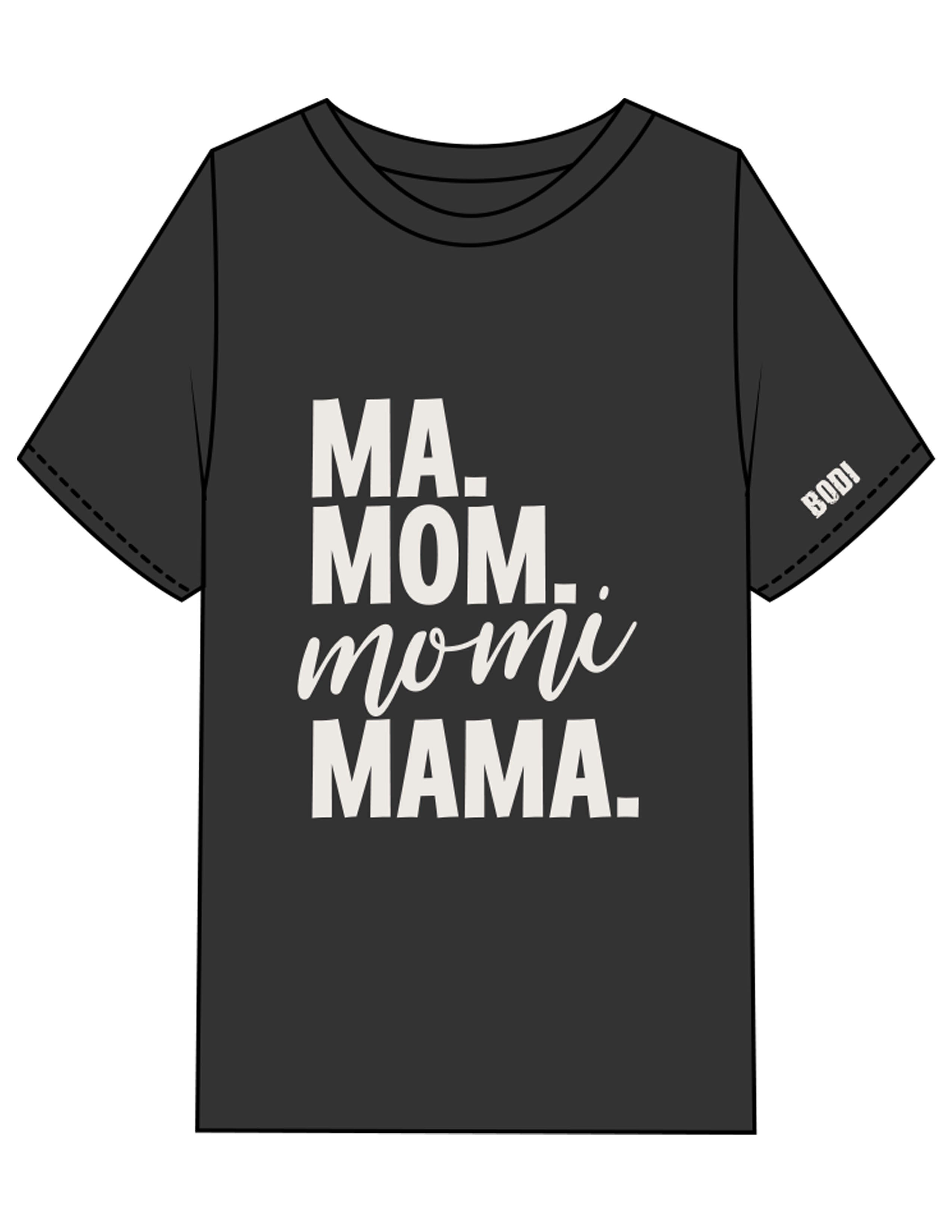 The Womens Heavyweight Tee - Washed Black - BODI MOMI - Front Stacked w/ Script & Left Sleeve - Printed - Bone