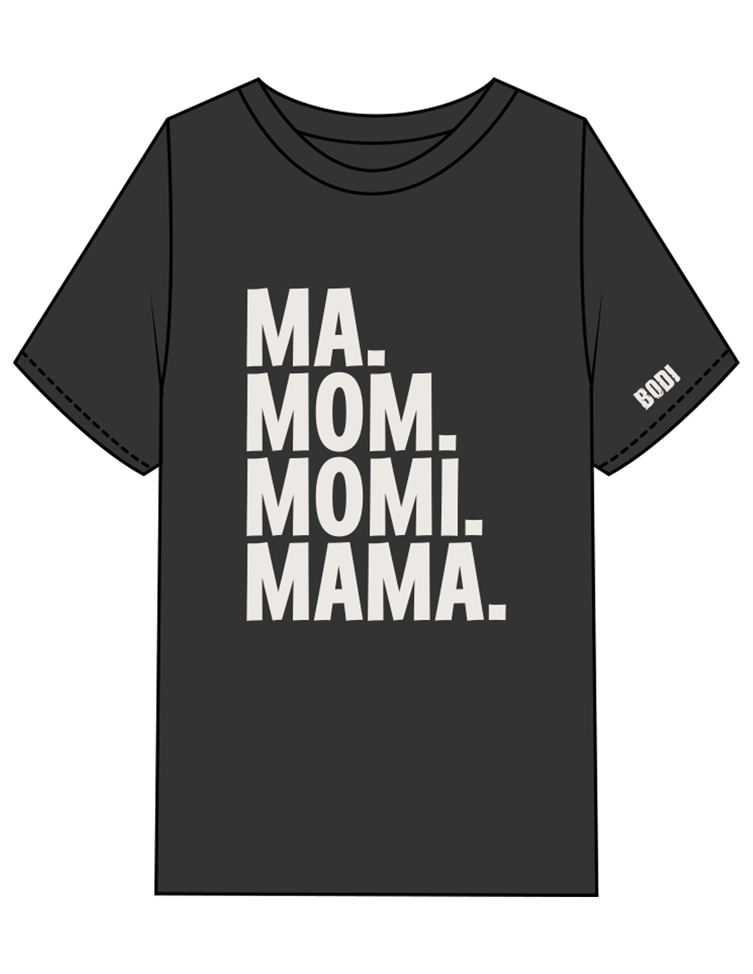 The Womens Heavyweight Tee - Washed Black - BODI MOMI - Full Front Stacked & Left Sleeve - Printed - Bone