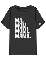 The Womens Heavyweight Tee - Washed Black - BODI MOMI - Full Front Stacked & Left Sleeve - Printed - Bone