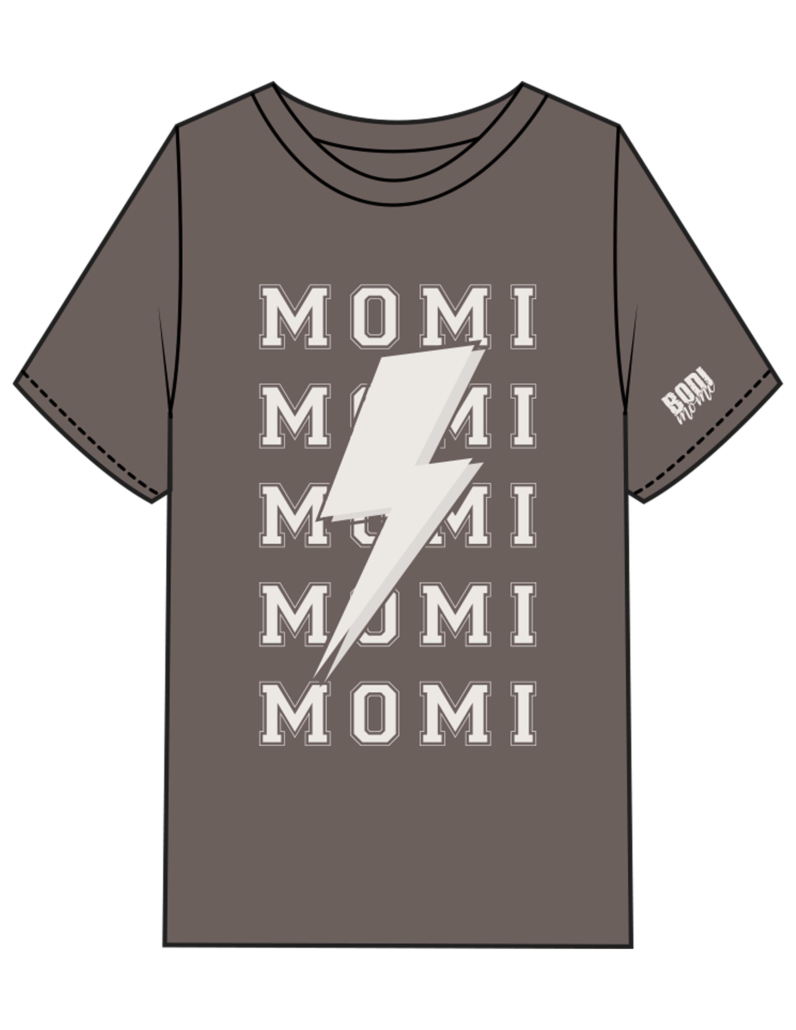 The Womens Heavyweight Tee - Grey Stone - BODI MOMI - Front Stacked Lightning & Left Sleeve - Printed - Full Color