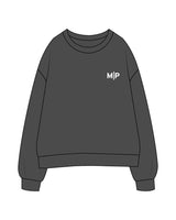 The Womens Crewneck - Washed Black - Mighty Pilates - Left Chest - White