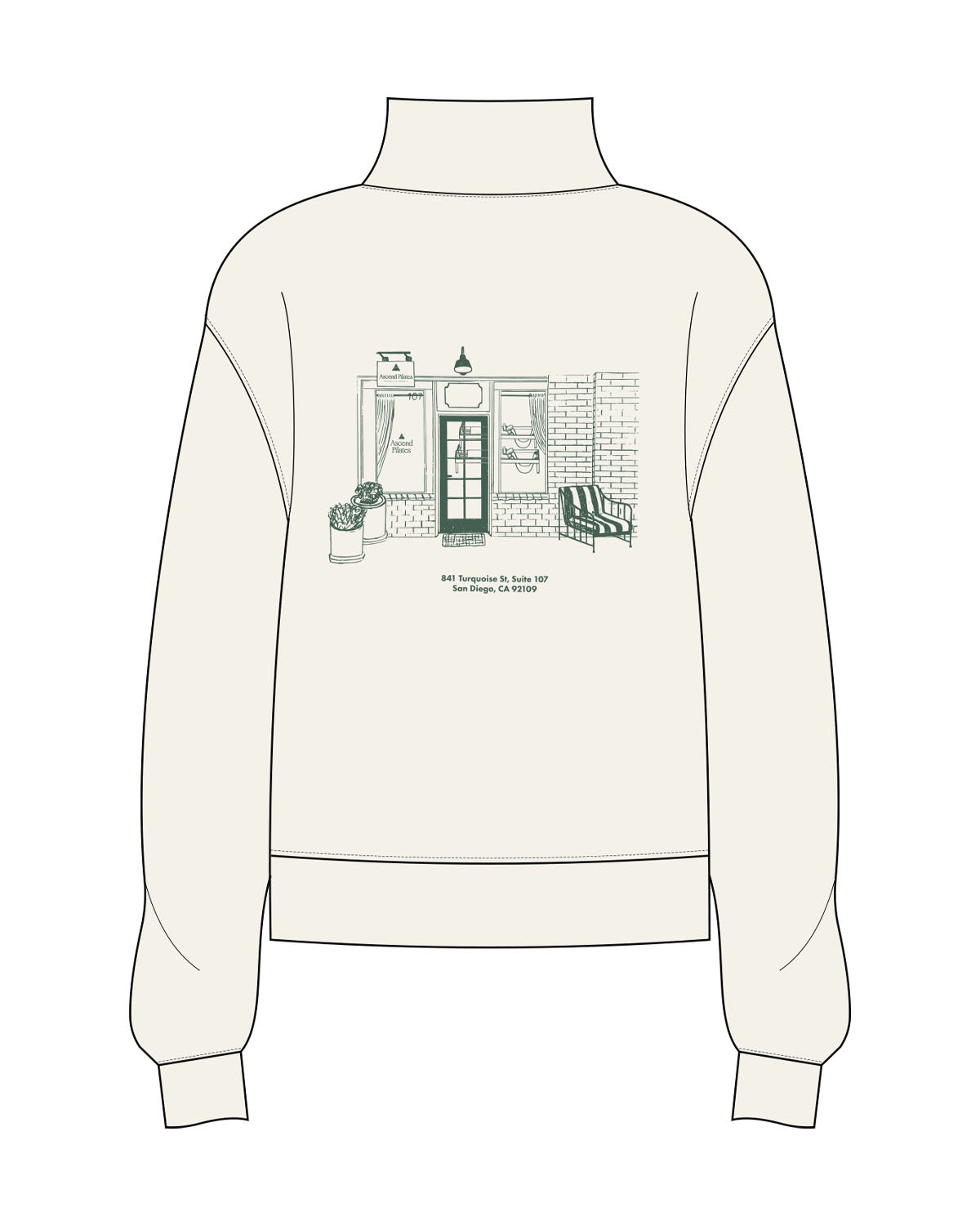 The Womens 1/4 Zip - Off White - Ascend Pilates - Left Chest Stacked & Center Back - #1b3427