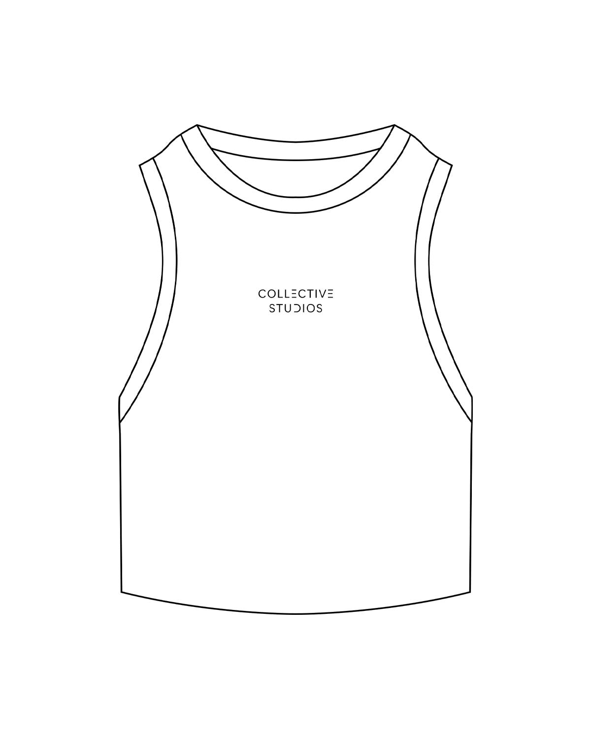 The Ribbed Crop Tank - White - Collective Studios - Center Chest - Embroidered - Black