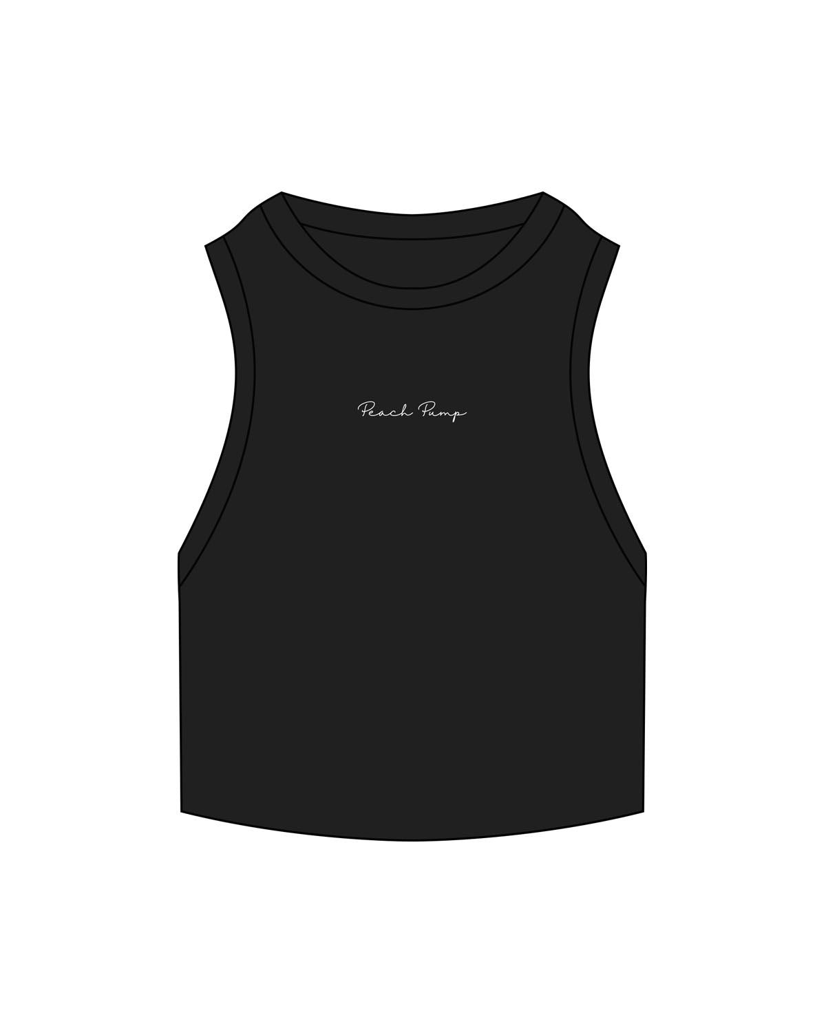 The Ribbed Crop Tank - Black - PEACH PUMP - Center Chest - Embroidered - White