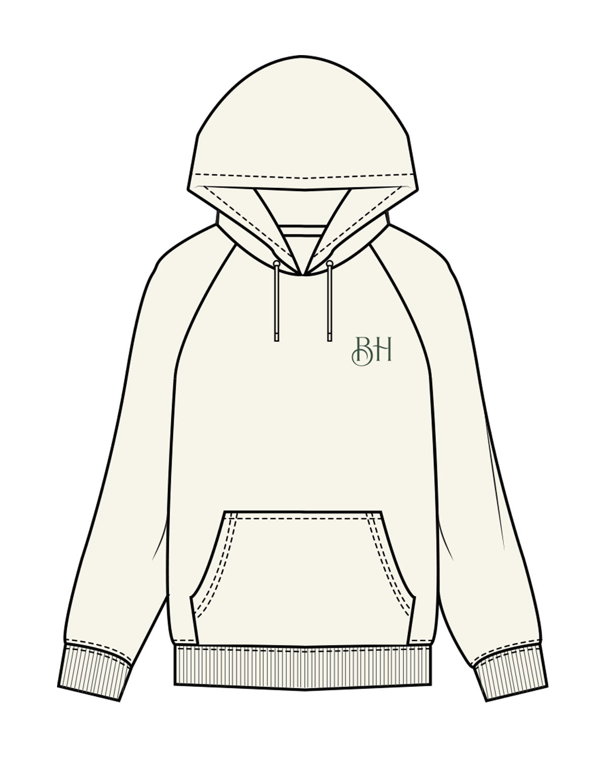 The Mens Classic Hoodie - Off White - Brick House - Left Chest & Back Center - Round BH - Printed - Green