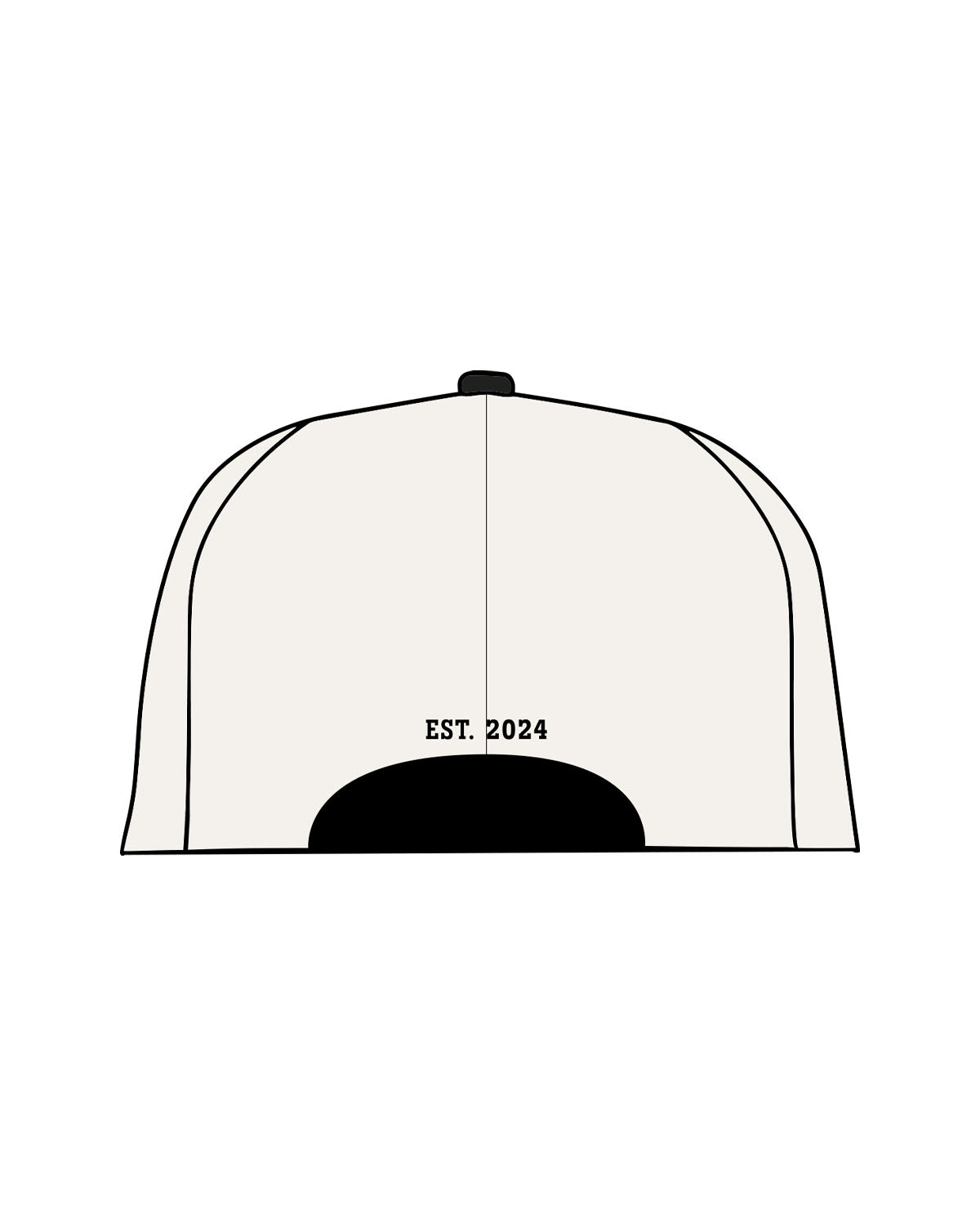 The Canvas Cap - Natural / Coal - Friday Fit - Center Upside Down Arch Text - Puff Stitch - Back "2024" - Flat Back Stitch - Black